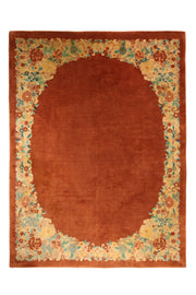 Antique Chinese Deco rug, 142x106 inches (360x270 cm), handwoven wool with intricate floral and botanical patterns in rich autumnal colors
